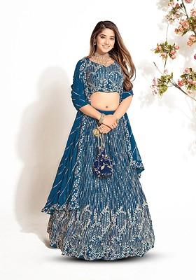 Blue Sequin Embroidered Poly Blend Lehenga Set