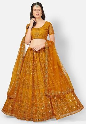 Orange Sequin Embroidered Poly Blend Lehenga Set