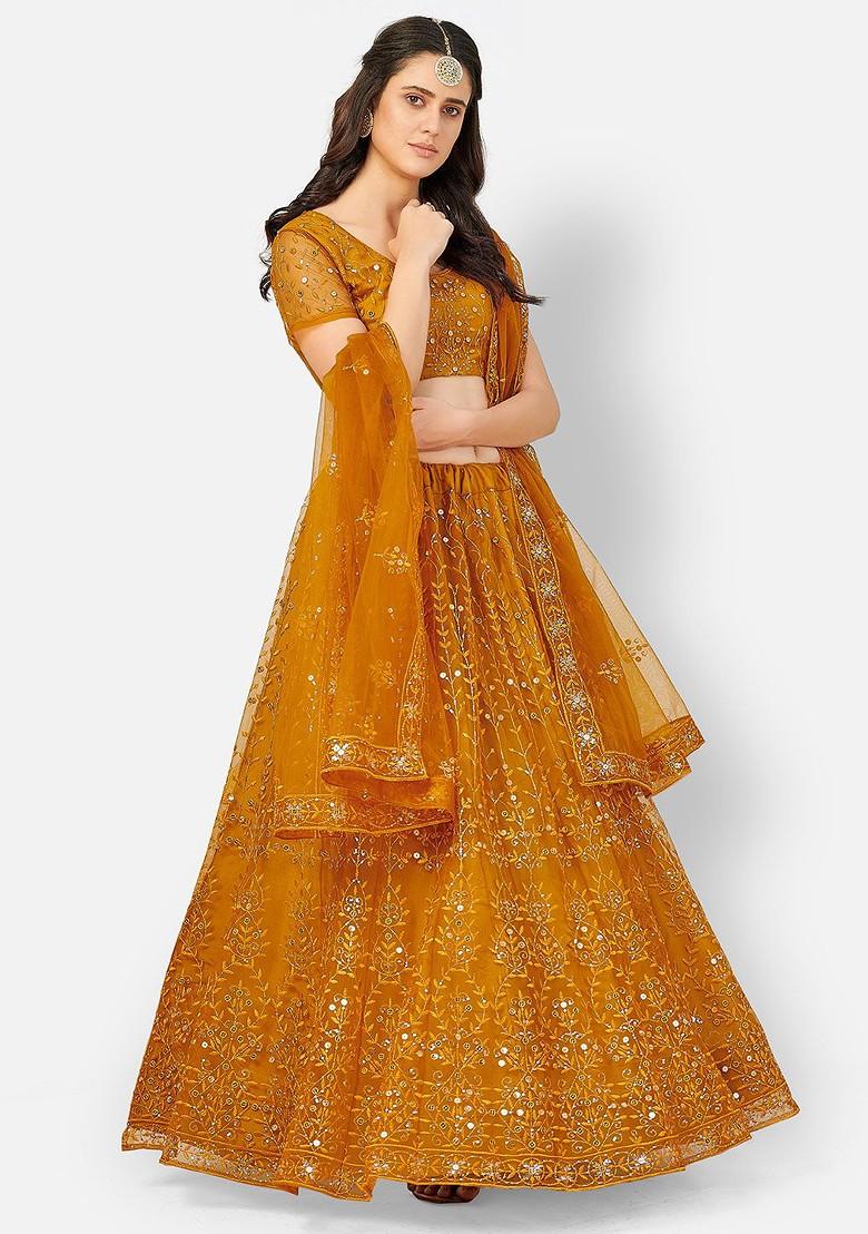 Orange Sequin Embroidered Poly Blend Lehenga Set