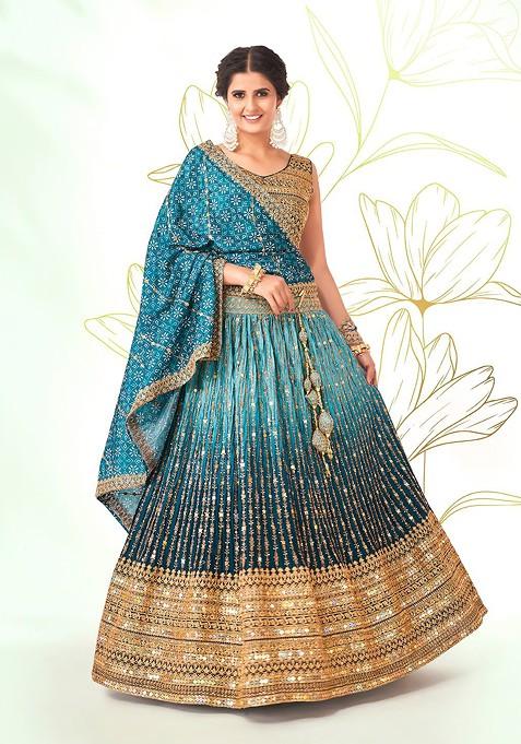Blue Sequin Embroidered Poly Blend Lehenga Set
