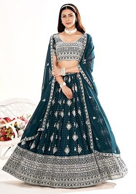 Navy Blue Sequin Embroidered Poly Blend Lehenga Set