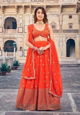 Orange Sequin Embroidered Poly Blend Lehenga Set