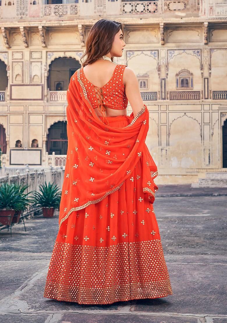 Orange Sequin Embroidered Poly Blend Lehenga Set