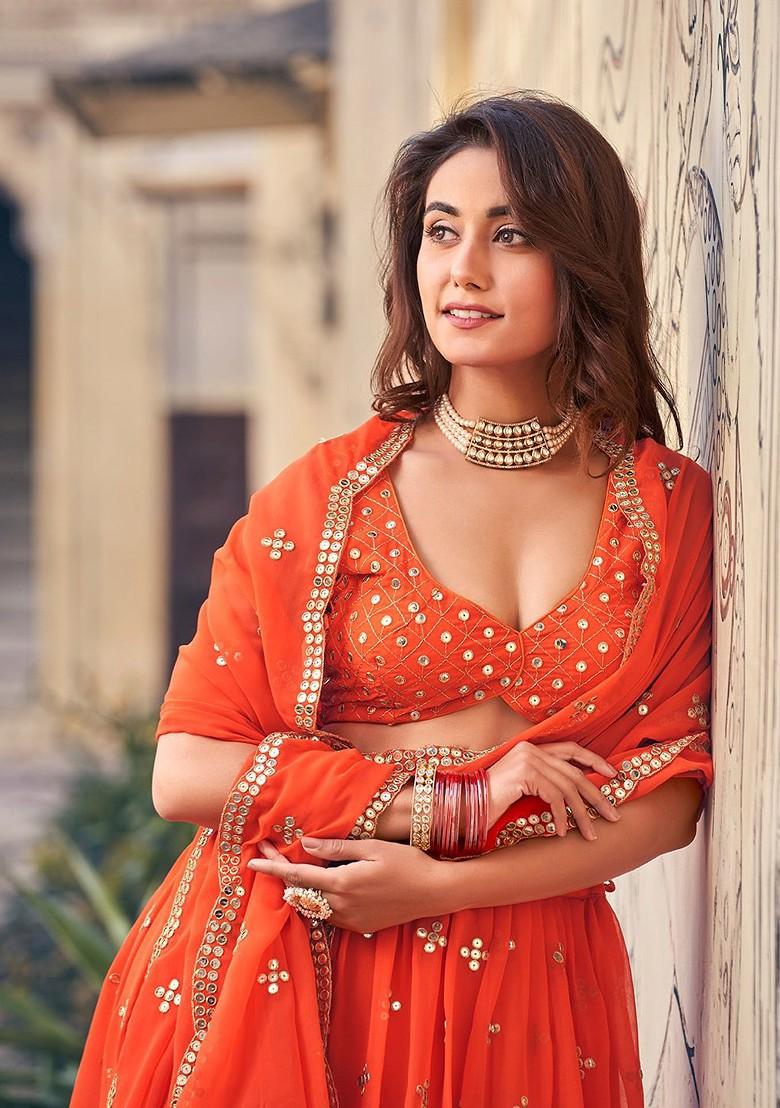 Orange Sequin Embroidered Poly Blend Lehenga Set