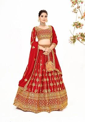 Red Sequin Embroidered Poly Blend Lehenga Set