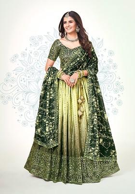 Olive Green Sequin Embroidered Poly Blend Lehenga Set