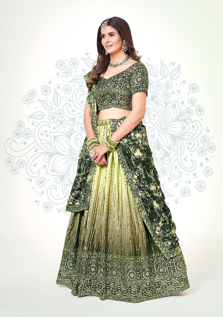 Olive Green Sequin Embroidered Poly Blend Lehenga Set