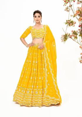 Yellow Sequin Embroidered Poly Blend Lehenga Set
