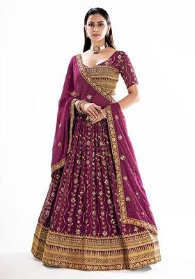 Burgundy Sequin Embroidered Poly Blend Lehenga Set