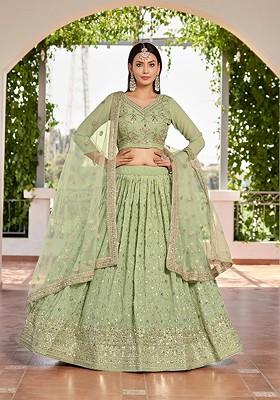 Green Sequin Embroidered Poly Blend Lehenga Set
