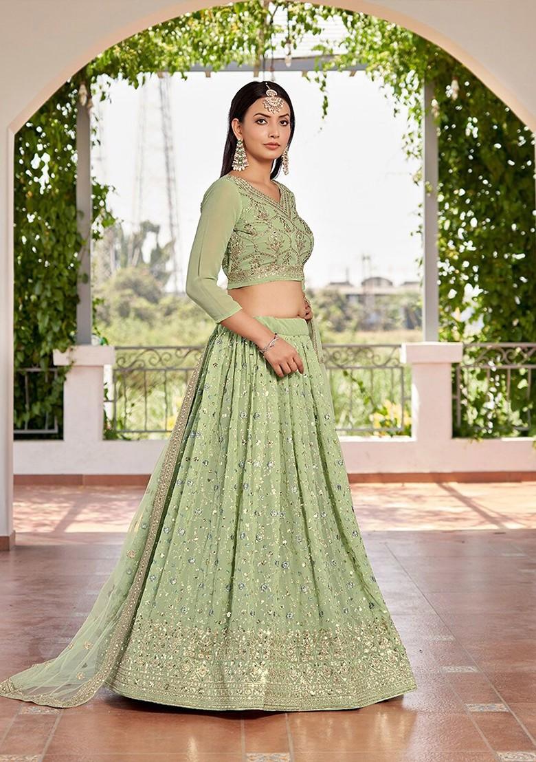 Green Sequin Embroidered Poly Blend Lehenga Set