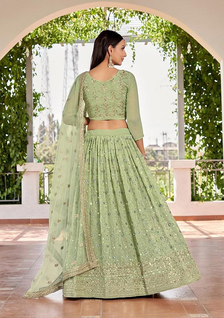 Green Sequin Embroidered Poly Blend Lehenga Set