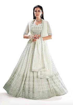 White Sequin Embroidered Poly Blend Lehenga Set