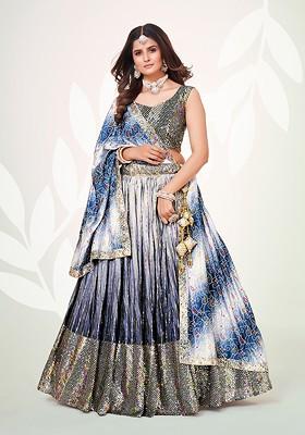 Blue Sequin Embroidered Poly Blend Lehenga Set