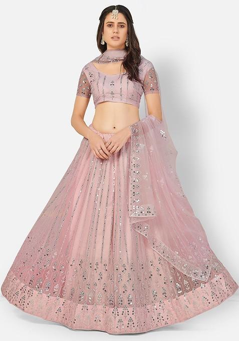 Peach Embroidered Poly Blend Lehenga Set