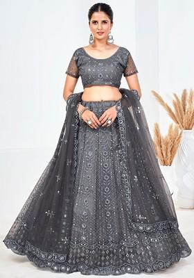 Grey Sequin Embroidered Poly Blend Lehenga Set