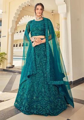 Teal Sequin Embroidered Poly Blend Lehenga Set