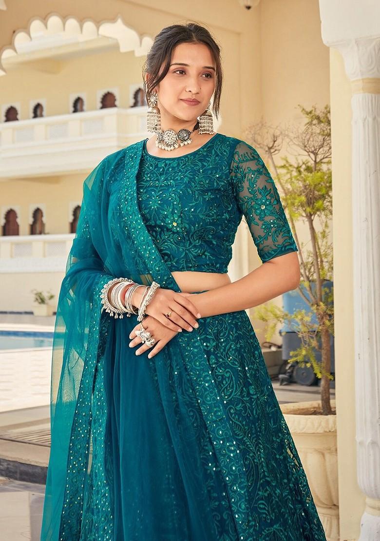 Teal Sequin Embroidered Poly Blend Lehenga Set
