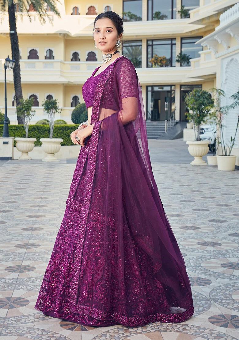 Purple Thread Embroidered Poly Blend Lehenga Set