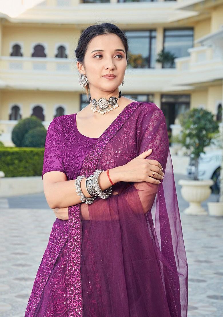 Purple Thread Embroidered Poly Blend Lehenga Set