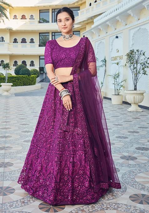 Purple Thread Embroidered Poly Blend Lehenga Set