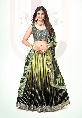 Green Sequin Embroidered Poly Blend Lehenga Set