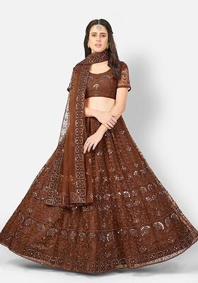 Brown Embroidered Poly Blend Lehenga Set