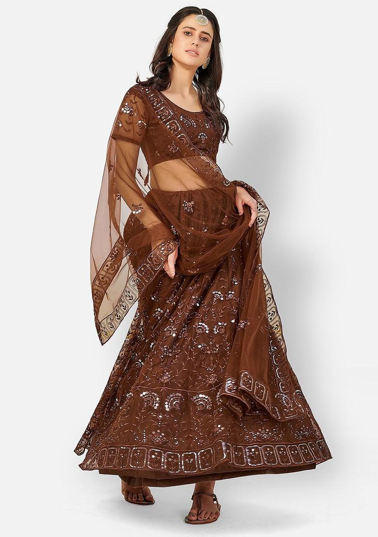 Brown Embroidered Poly Blend Lehenga Set