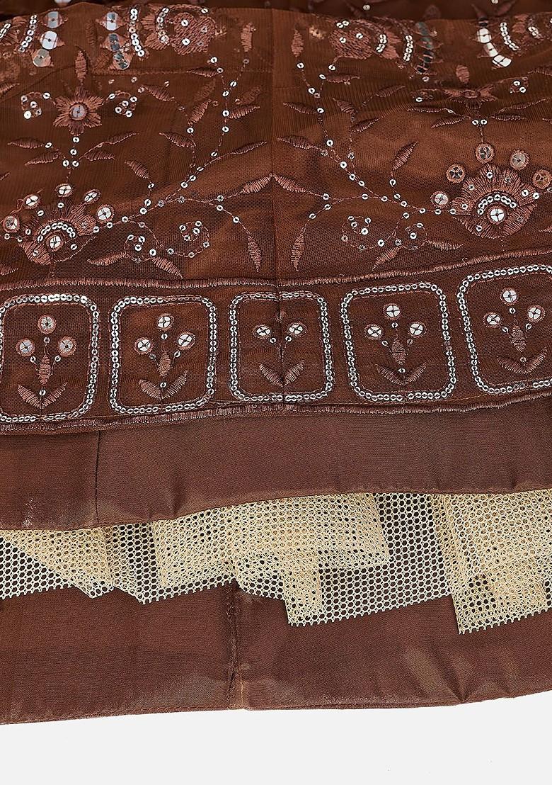 Brown Embroidered Poly Blend Lehenga Set