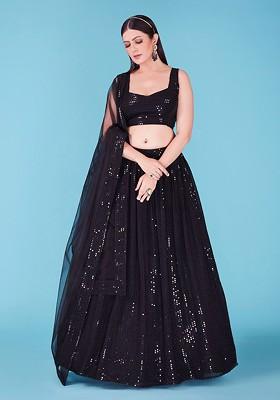 Black Sequin Embroidered Poly Blend Lehenga Set