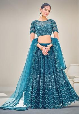 Blue Sequin Embroidered Poly Blend Lehenga Set