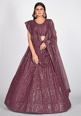 Burgundy Embroidered Poly Blend Lehenga Set
