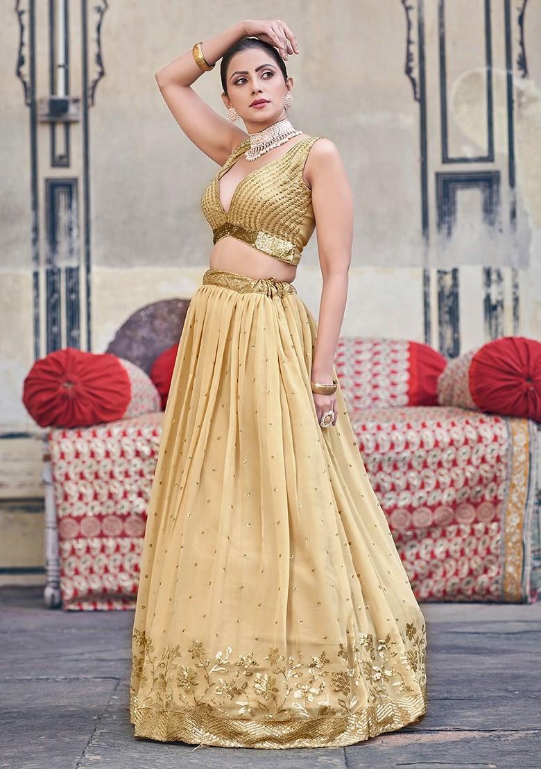 Golden Sequin Embroidered Poly Blend Lehenga Set