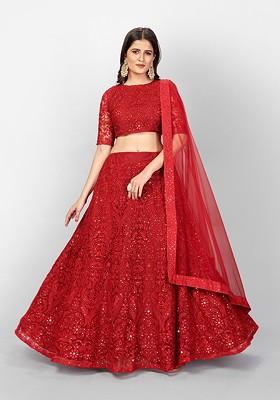 Red Thread Embroidered Poly Blend Lehenga Set