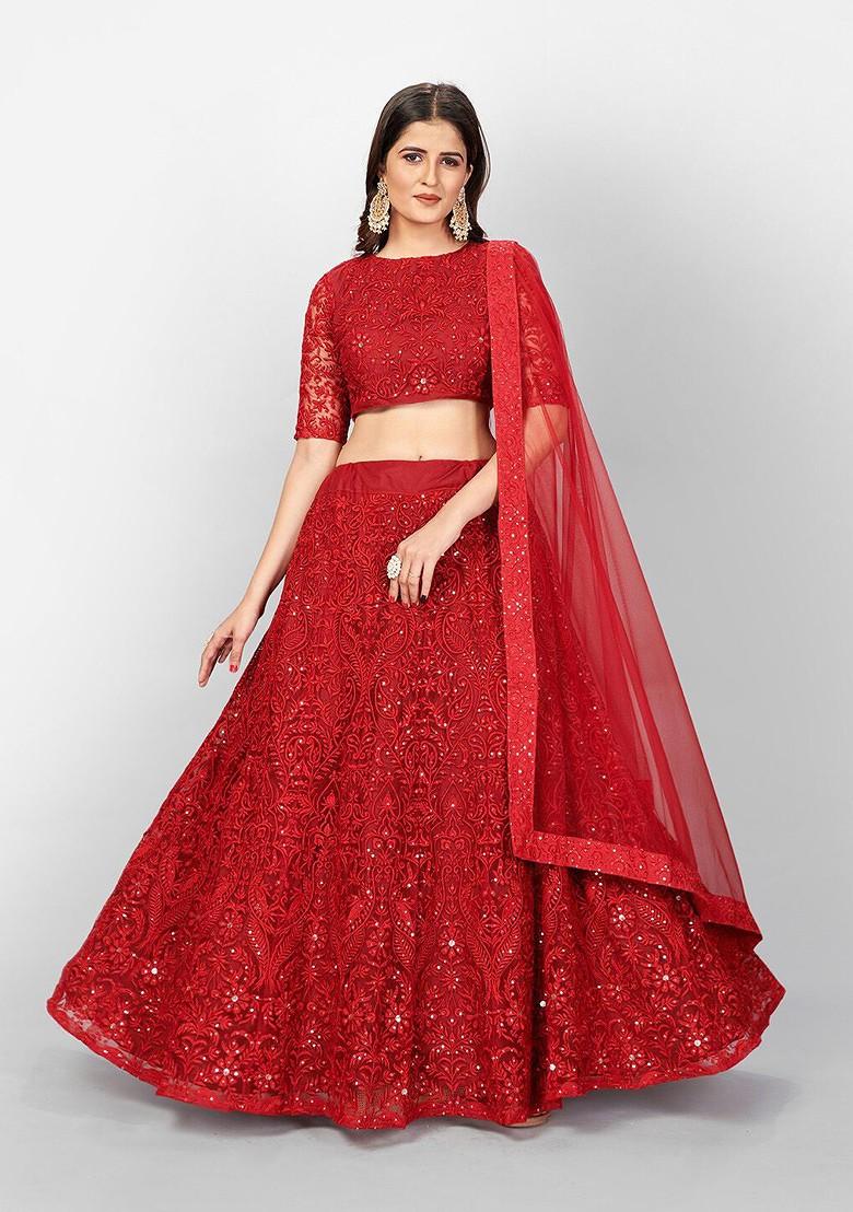 Red Thread Embroidered Poly Blend Lehenga Set