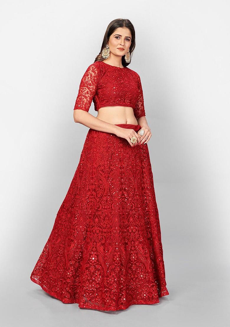 Red Thread Embroidered Poly Blend Lehenga Set