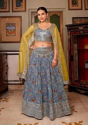 Grey Sequin Embroidered Poly Blend Lehenga Set