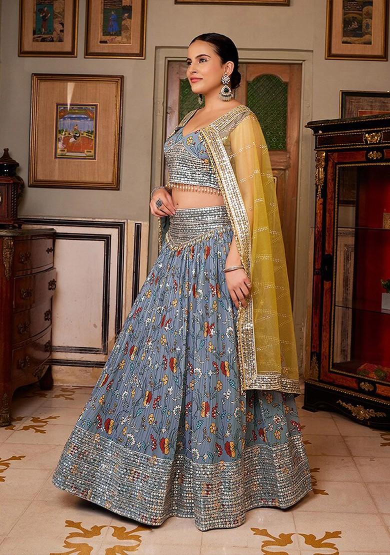 Grey Sequin Embroidered Poly Blend Lehenga Set