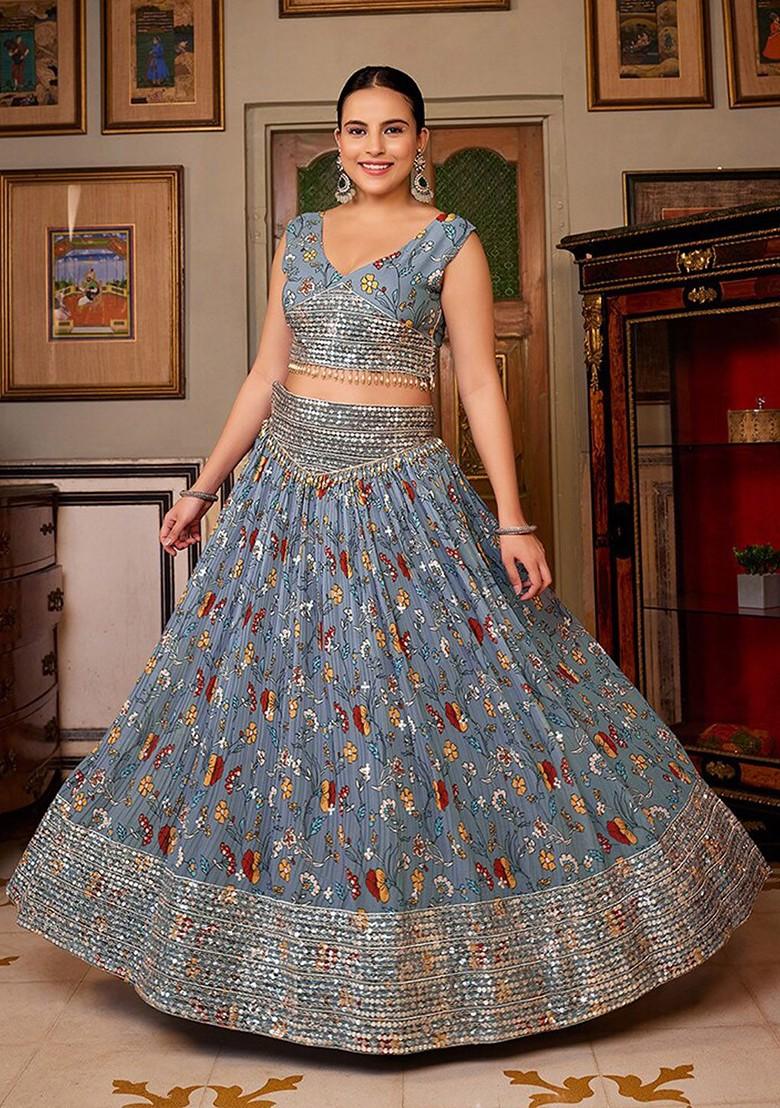 Grey Sequin Embroidered Poly Blend Lehenga Set