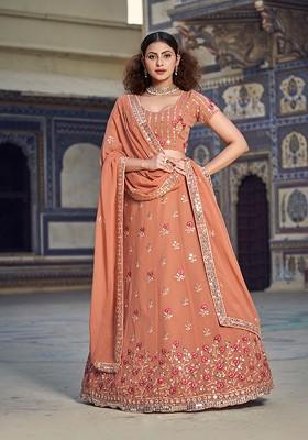 Rust Sequin Embroidered Poly Blend Lehenga Set