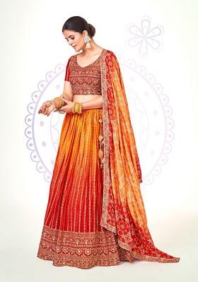 Red Thread Embroidered Poly Blend Lehenga Set