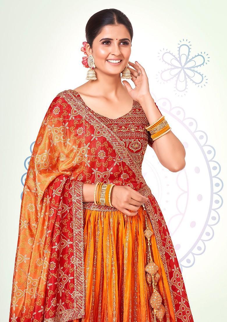 Red Thread Embroidered Poly Blend Lehenga Set