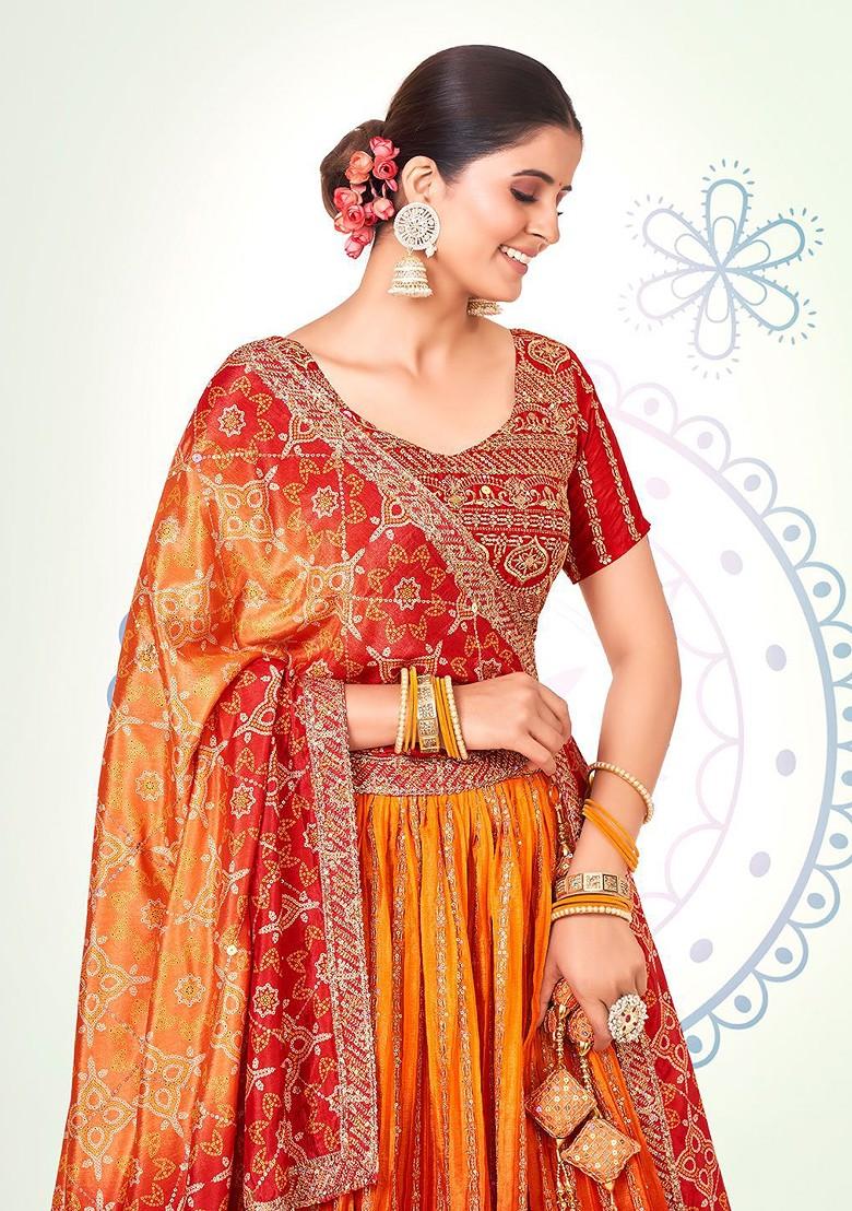 Red Thread Embroidered Poly Blend Lehenga Set