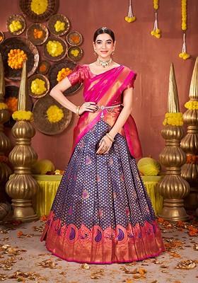 Blue Ethnic Motifs Woven Poly Blend Lehenga Set