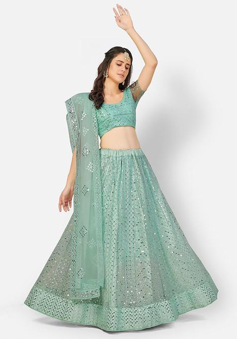 Turquoise Blue Sequin Embroidered Poly Blend Lehenga Set