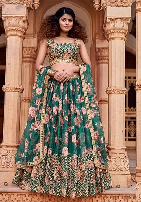 Green Embroidered Poly Blend Lehenga Set