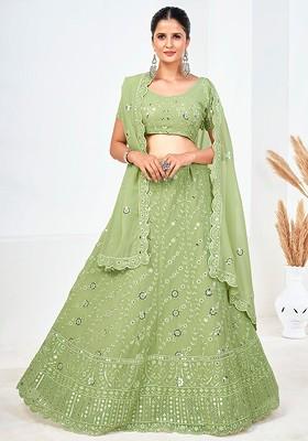 Green Sequin Embroidered Poly Blend Lehenga Set