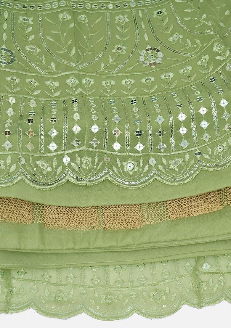 Green Sequin Embroidered Poly Blend Lehenga Set