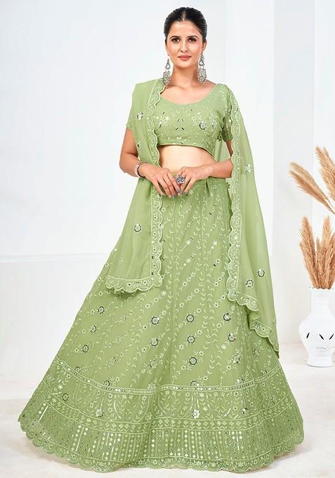 Green Sequin Embroidered Poly Blend Lehenga Set