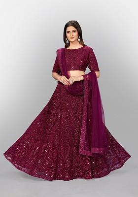 Burgundy Embroidered Poly Blend Lehenga Set